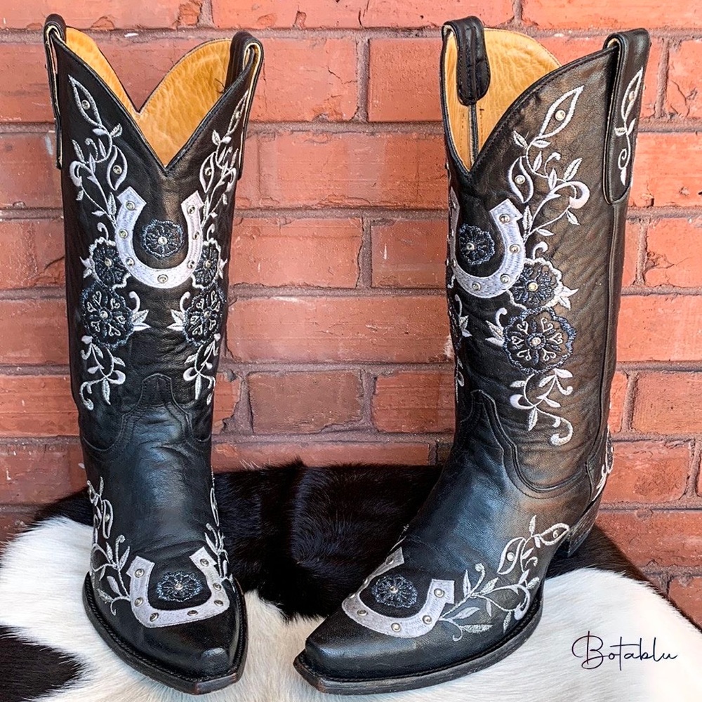 OLD GRINGO Swarovski Crystals Lucky Horseshoe Black Cowboy Western Boots 9.5 - Picture 11 of 12